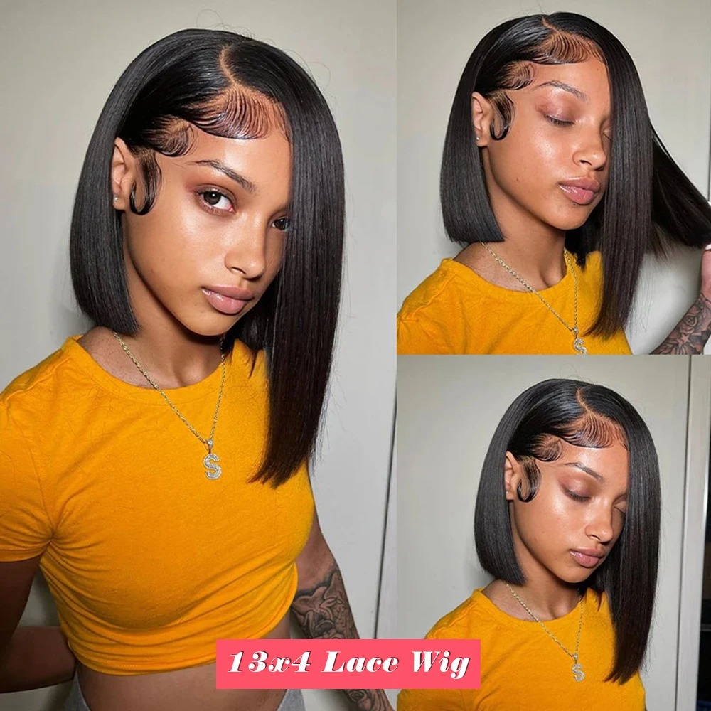 Bob Lace Front Wig Human Hair Straight 180% Full Density 13x4 HD Transparent Lace Frontal Wigs bob hair For Women Synthetic