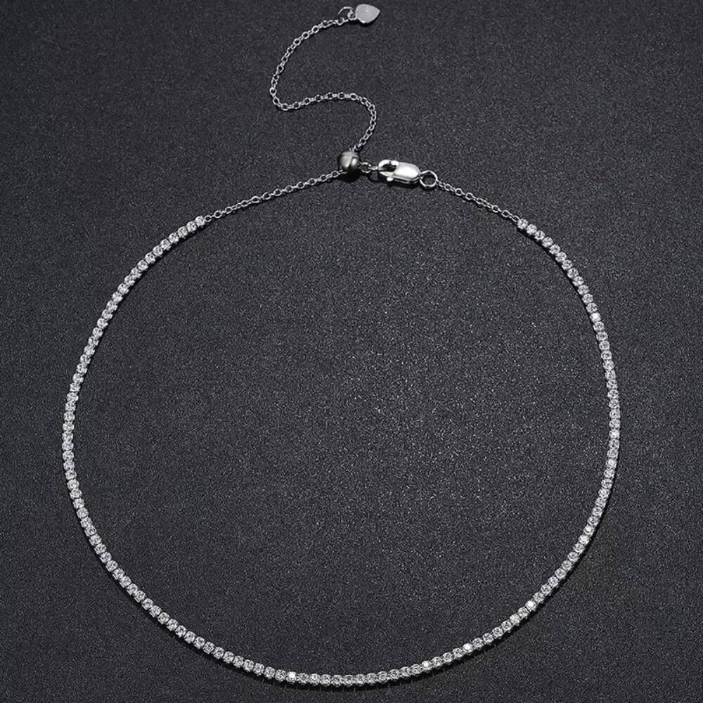 FEOBUR 2mm D Color Moissanite Tennis Choker Necklace for Women S Sier Plated Gold Adjustable Full Dia Neck Chain