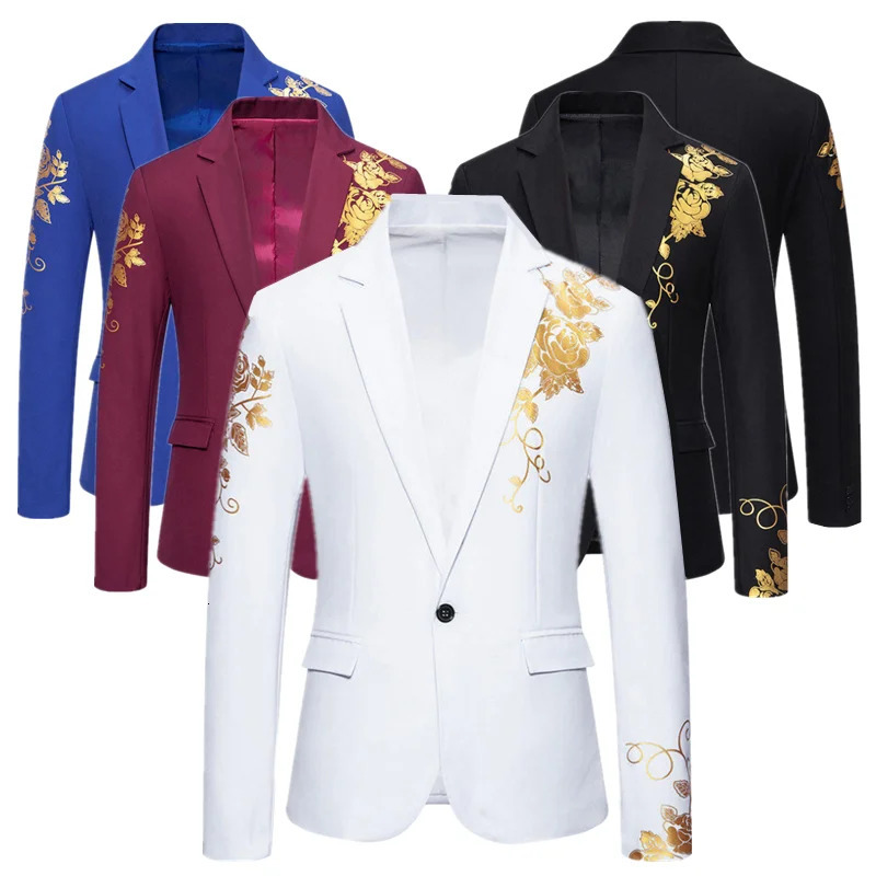 Men Business Social Printed Suit Loose Jacket White / Blue / Black Fashion Male Wedding Ball Party Dress Blazer Coat 250611