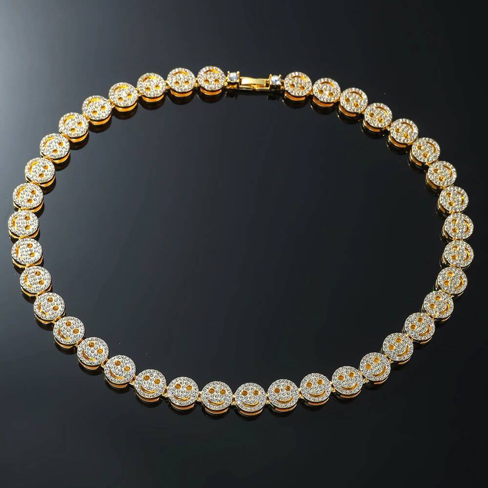 Men Hip Hop Round Smiley Tennis Chain Necklace HipHop Iced Out Bling 12mm Crystal Bracelet Necklaces Suit Fashion Charm Jewelry