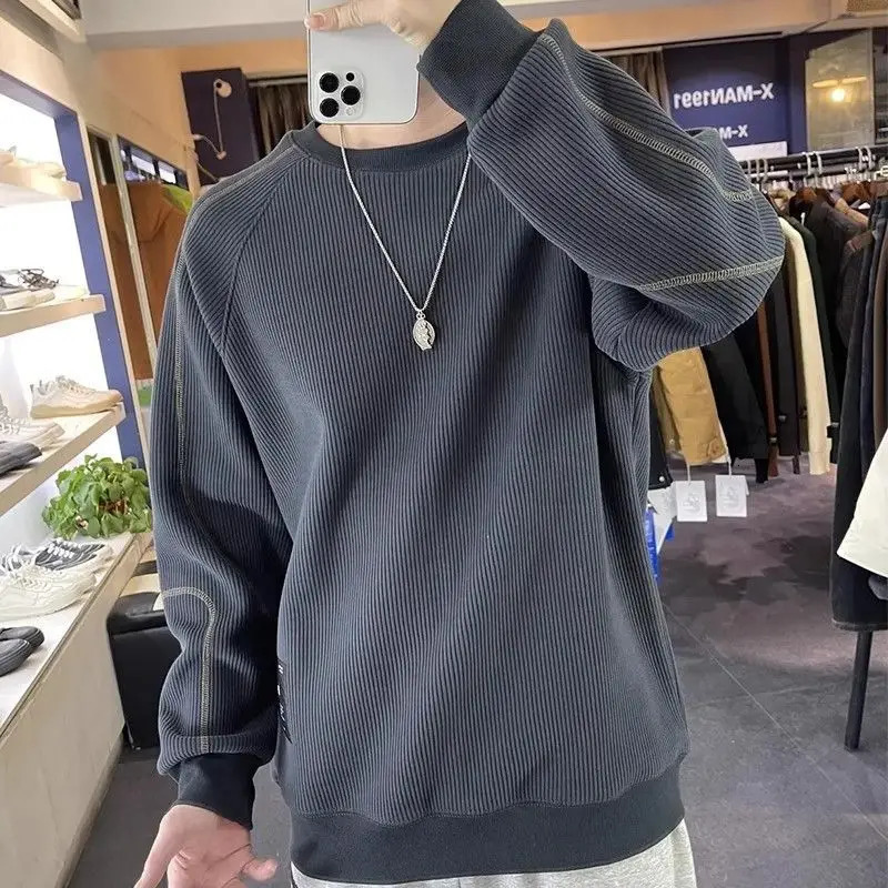 Men Trendy Appliques Simple Casual All Match Sweatshirt Streetwear Y2K Cotton Loose Hoodie Round Neck Long Sleeve Pullover Tops 250611