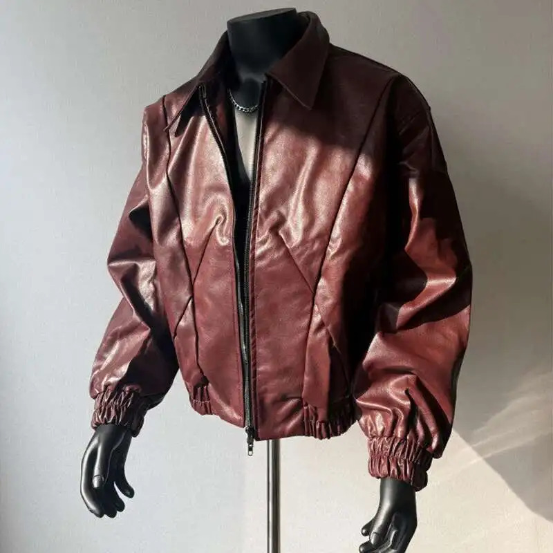 PFHQ Mens PU Leather Jacket Turn-down Collar Long Sleeve Zipper Line Decoration Male Tops Fashion 21E2803 250611