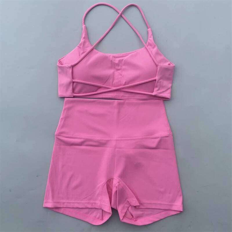 Yoga Gym Two Piece Sports Set Women Workout Outfit Fiess Suit Cross Straps Bra High Waist Shorts Running Tracksuit