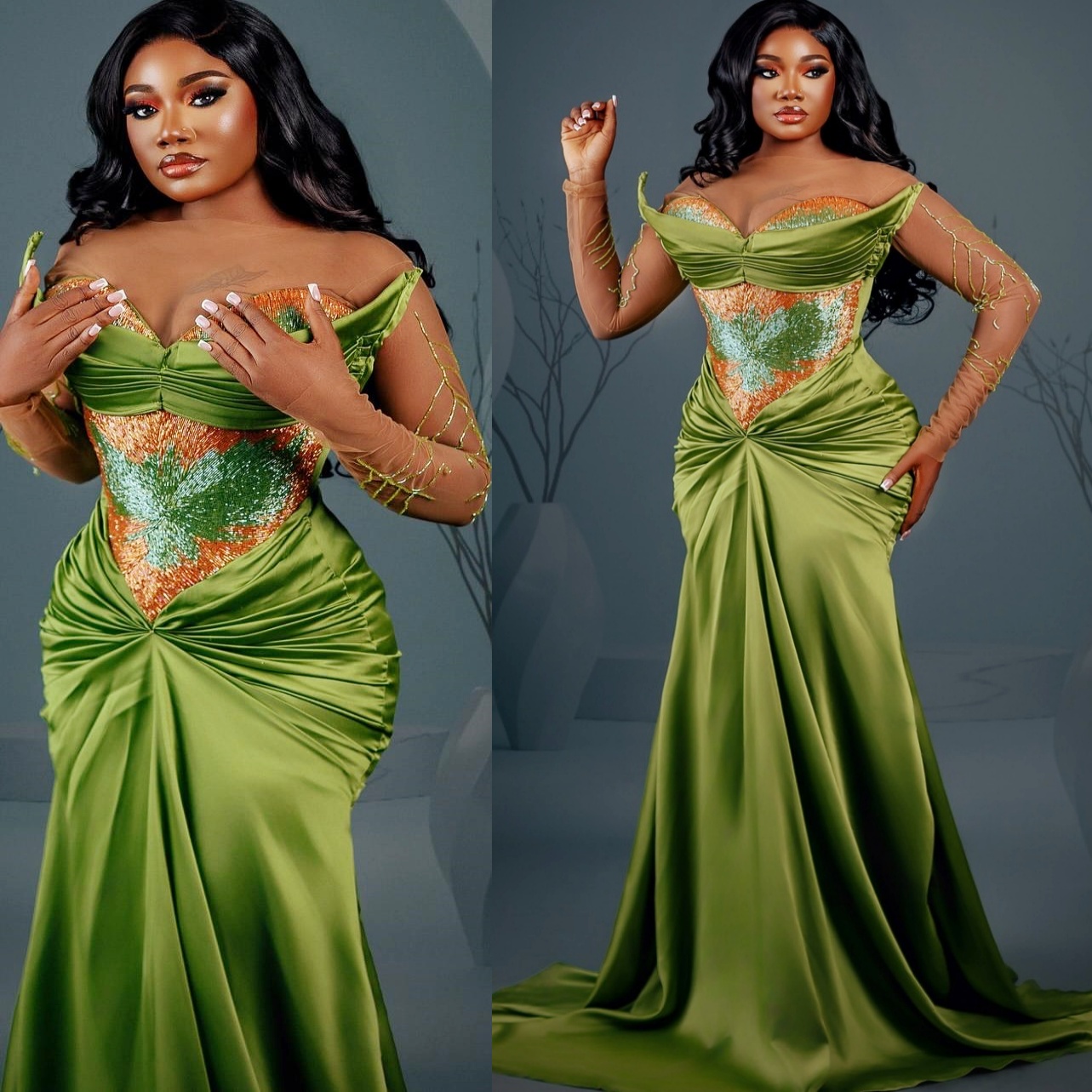Green Mermaid Prom Dresses 2025 Beaded Satin Sheer Neck Evening Formal Party Second Birthday Engagement Gowns Plus Size Dress For Special Occasions