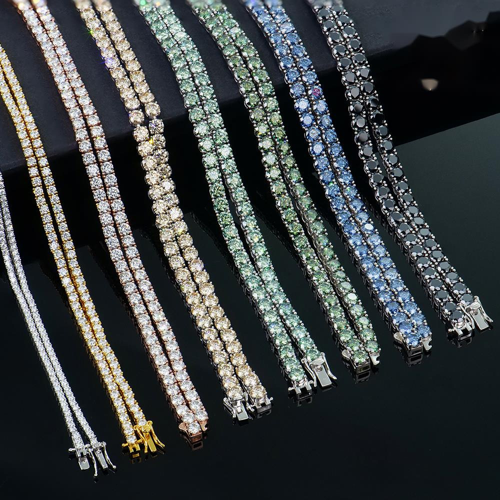 OACOCA 925 Silver Necklace Rhodium Plated Round Brilliant Cut Black Champagne Royal Blue Original Color Moissanite Tennis Link Chain