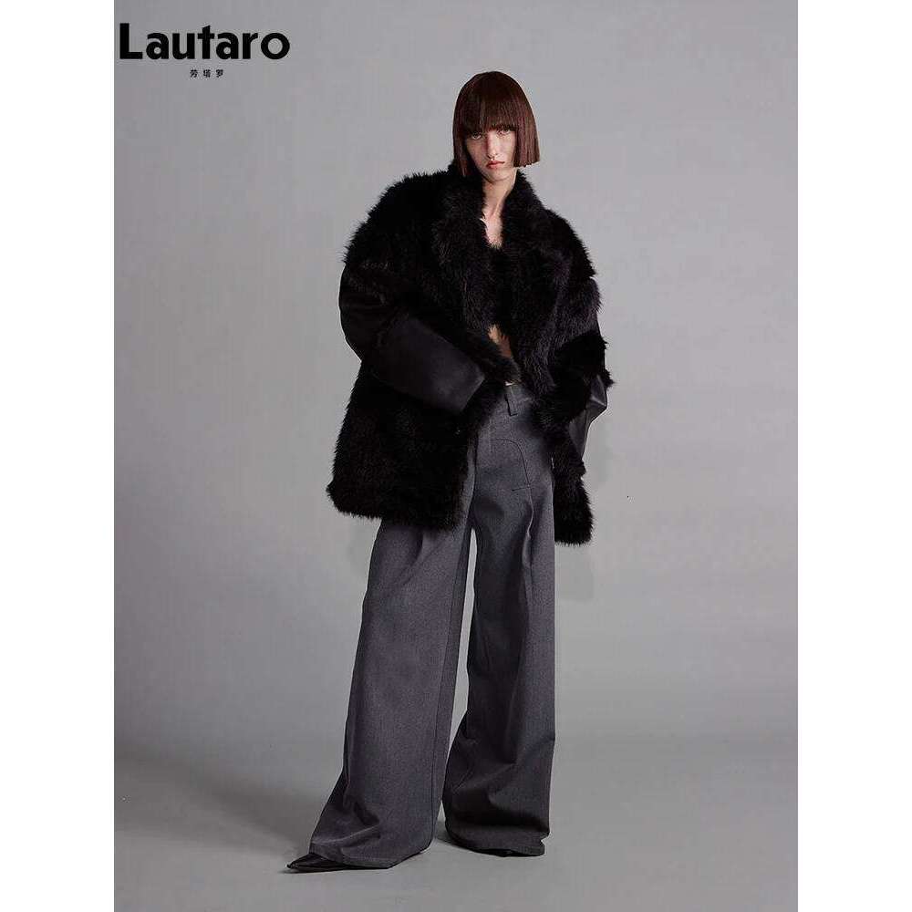 Lautaro Autumn Winter Cool Loose Black Thick Warm Soft Hairy Faux Sheepskin Coat Women Designer Clothes Fluffy Jacket