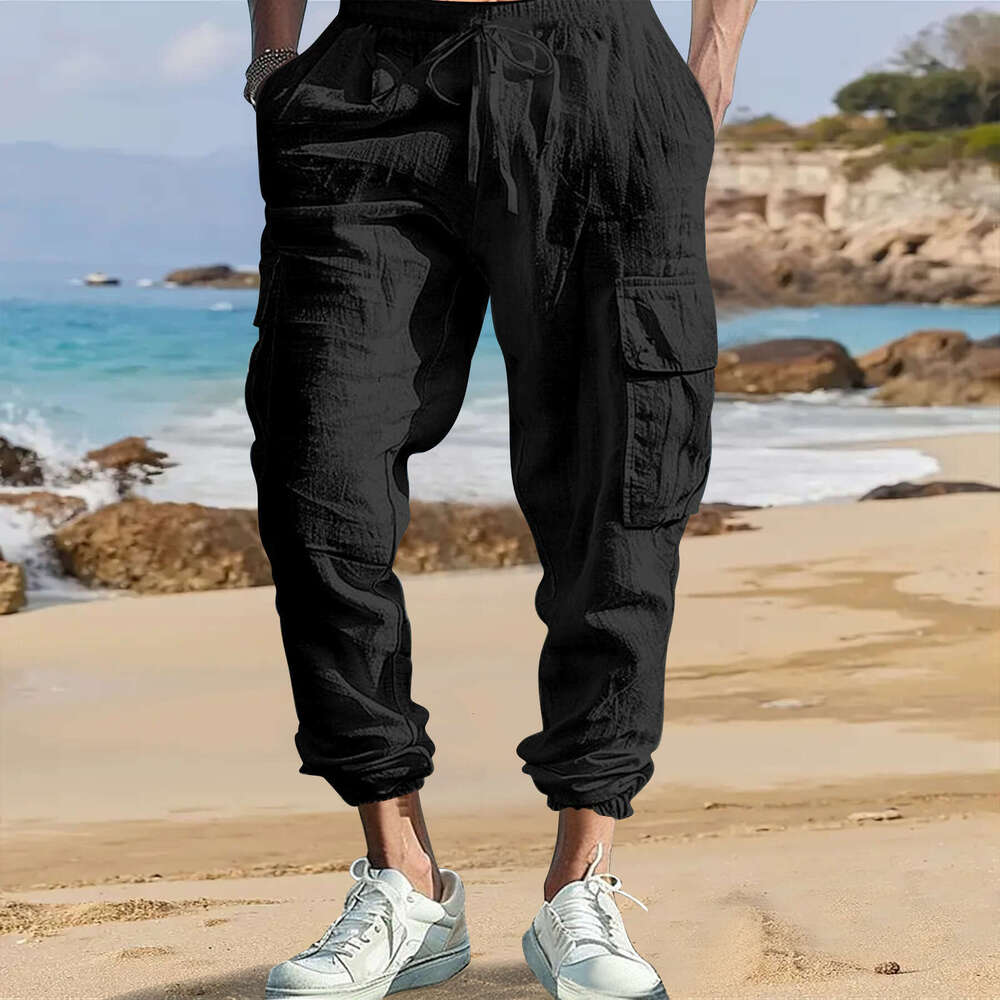 Men's Casual Jogger Pants With Multiple Pockets Drawstring, Solid Color, Loose Fit, Workwear Style, Spring And Autumn Cotton Linen B5