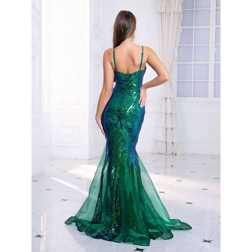 Romagic Deep V Neck Sleeveless White Wedding Party Dress Spaghetti Strap Sequined Evening Gown Women Maxi Dresses 2025