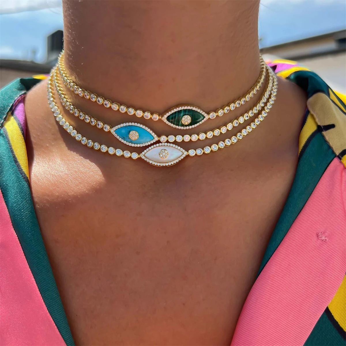 Classic European and American Devils Eye Set Zircon Pendant Necklace Plated with True Gold for Color Protection 250609