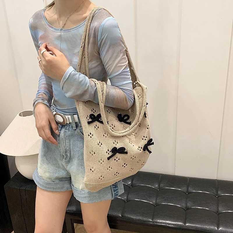 Knitted Bag Women Hollow Out Crochet Bow Design Handbag Large Capacity Handmade Tote Bag Summer Beach Woven Shoulder Bag XJ250610