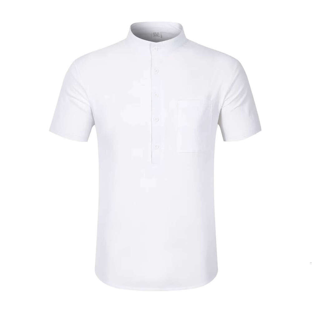 Spring Summer Men's Cotton Linen Stand Collar Short Sleeve Loose Casual Henley Shirt Men B5