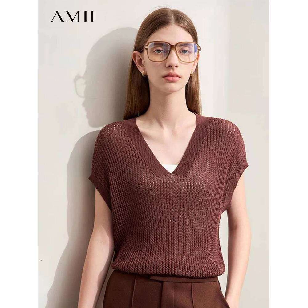 Amii Minimalism Sweater Women 2024 Summer T-shirt Knit Raglan Short Sleeve V-neck Loose Hollow Out Pullovers Tops 12422156