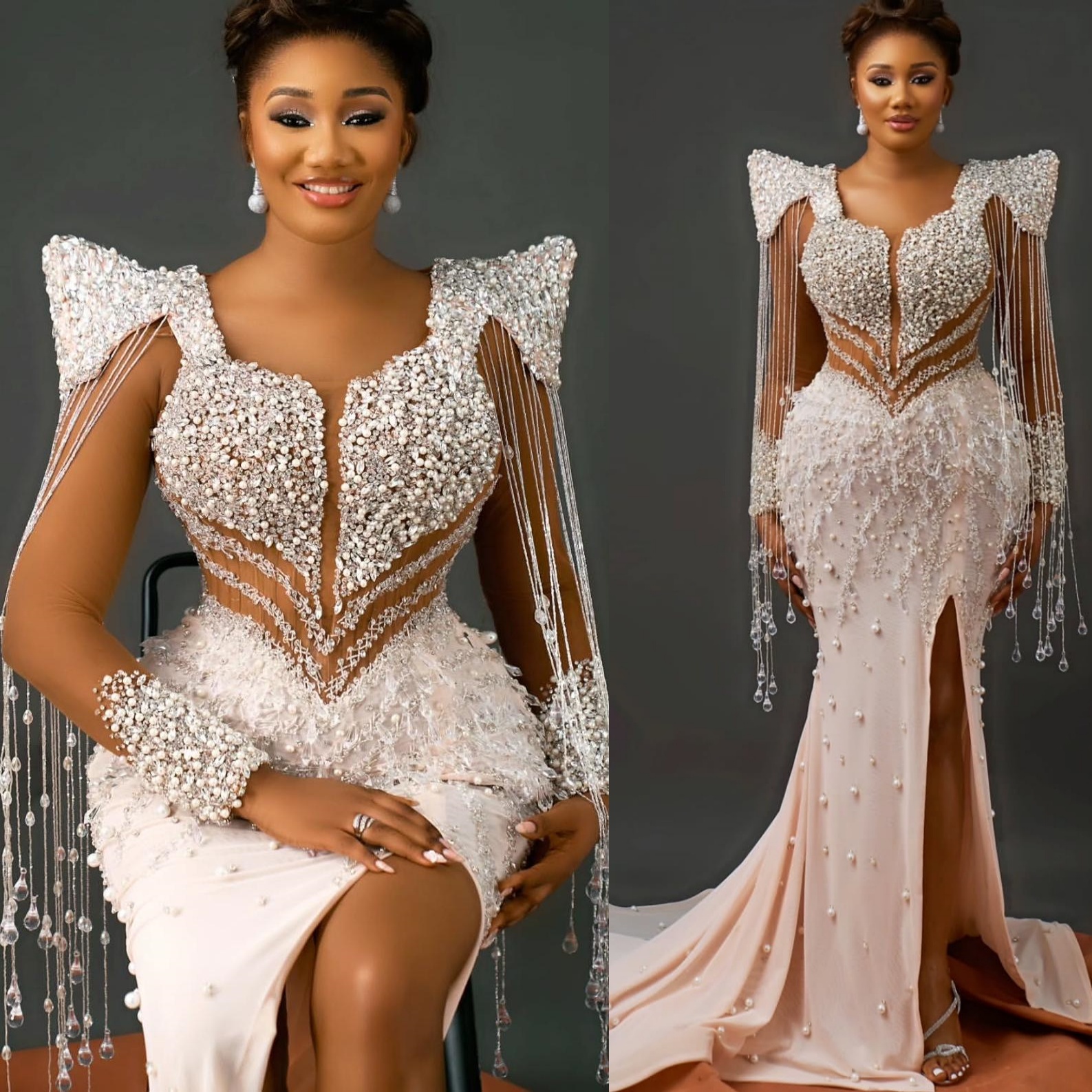 Champagne Mermaid Prom Dresses 2025 Pearls Crystals Beadings Satin Evening Formal Party Second Birthday Engagement Gowns Plus Size Dress For Special O