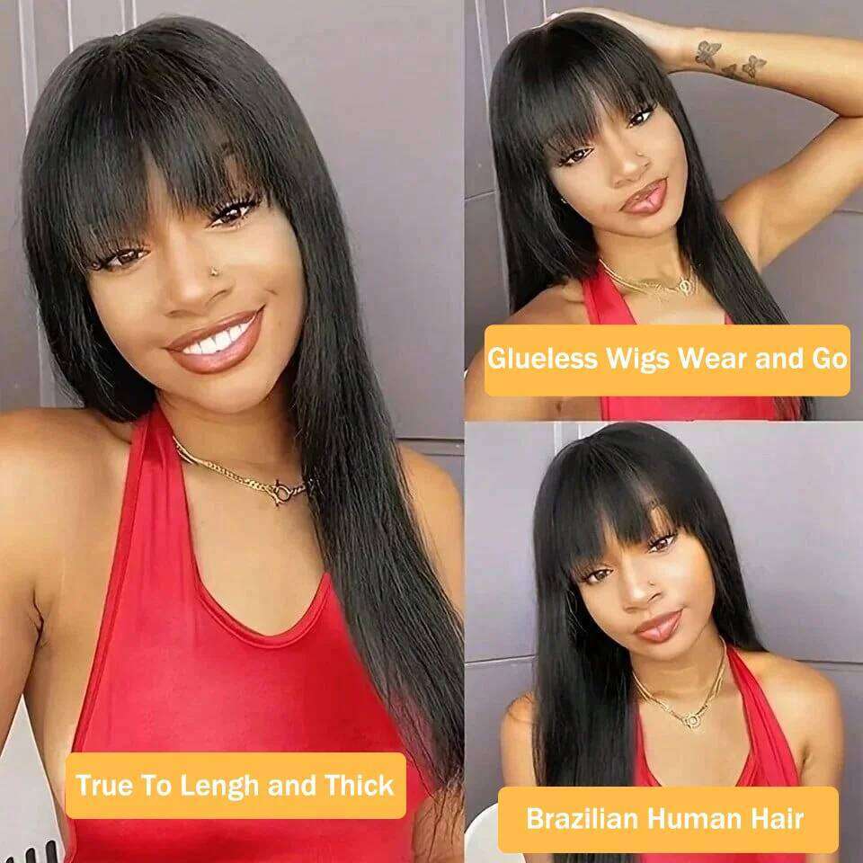 Bone Straight Human Hair Full hine Made With Bangs 30 Inch High Density Black Wig Glueless Brazilian Wigs On Sale Women