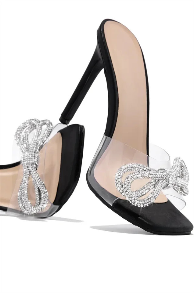 Summer Fashion Sexy Comfortable Banquet Casual Rhinestone PVC Elegant High Heels Bow Womens Slippers 250609