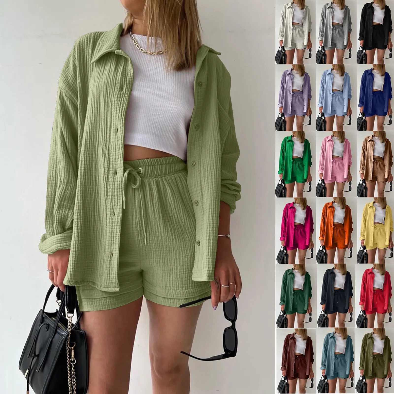 Summer Cotton Linen High Waist Shirt Shorts Women Turn Down Collar Long Sleeve Tops and Shorts Suit Cotton Casual Two Piece Sets 250606