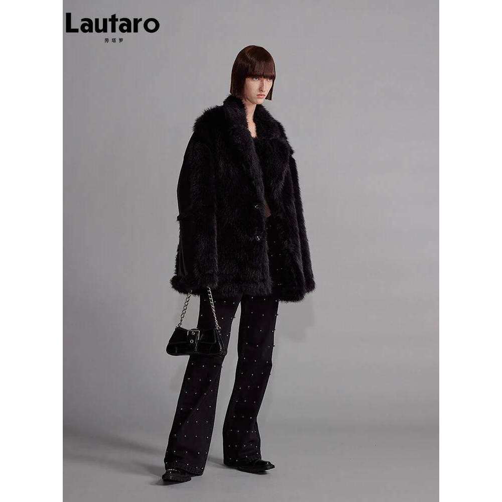 Lautaro Autumn Winter Cool Loose Black Thick Warm Soft Hairy Faux Sheepskin Coat Women Designer Clothes Fluffy Jacket