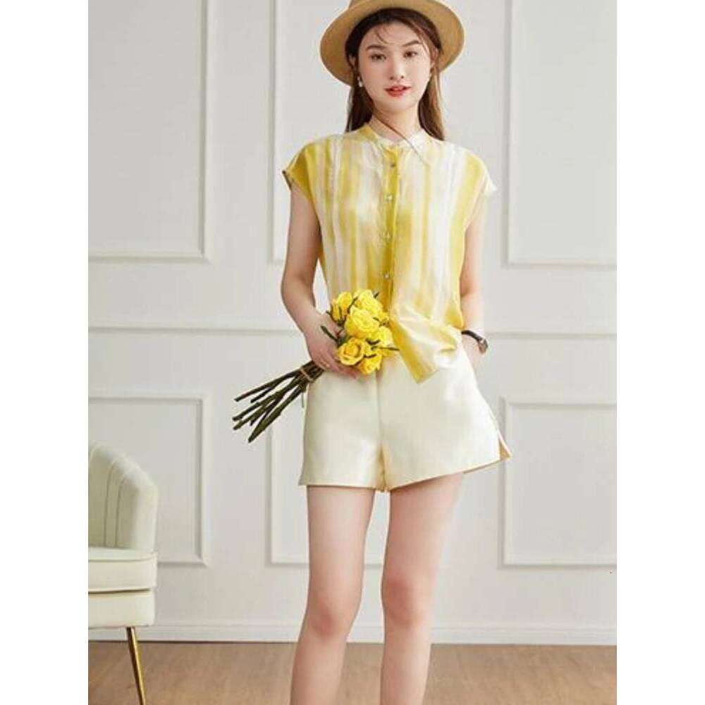 Women's Shirt and Blouse Chiffon Yellow Sleeveless Striped Female Tops Loose Summer Button Up Y2k Fashion Sale of Pretty Xl M