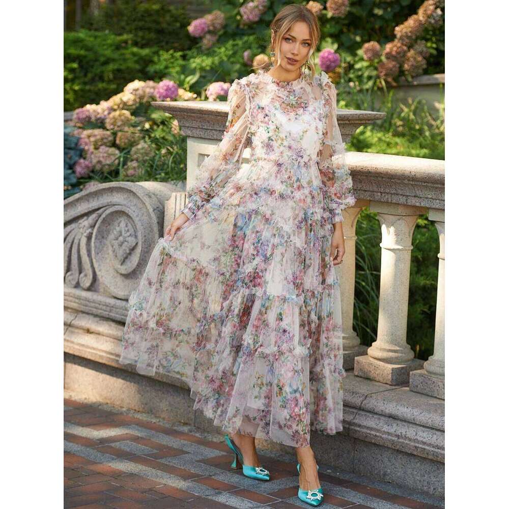 Lace Lantern Sleeve Mesh Print Cascading Ruffle Vacation Ball Gown Dresses For Women 2022 Designer Autumn Runway Elegant