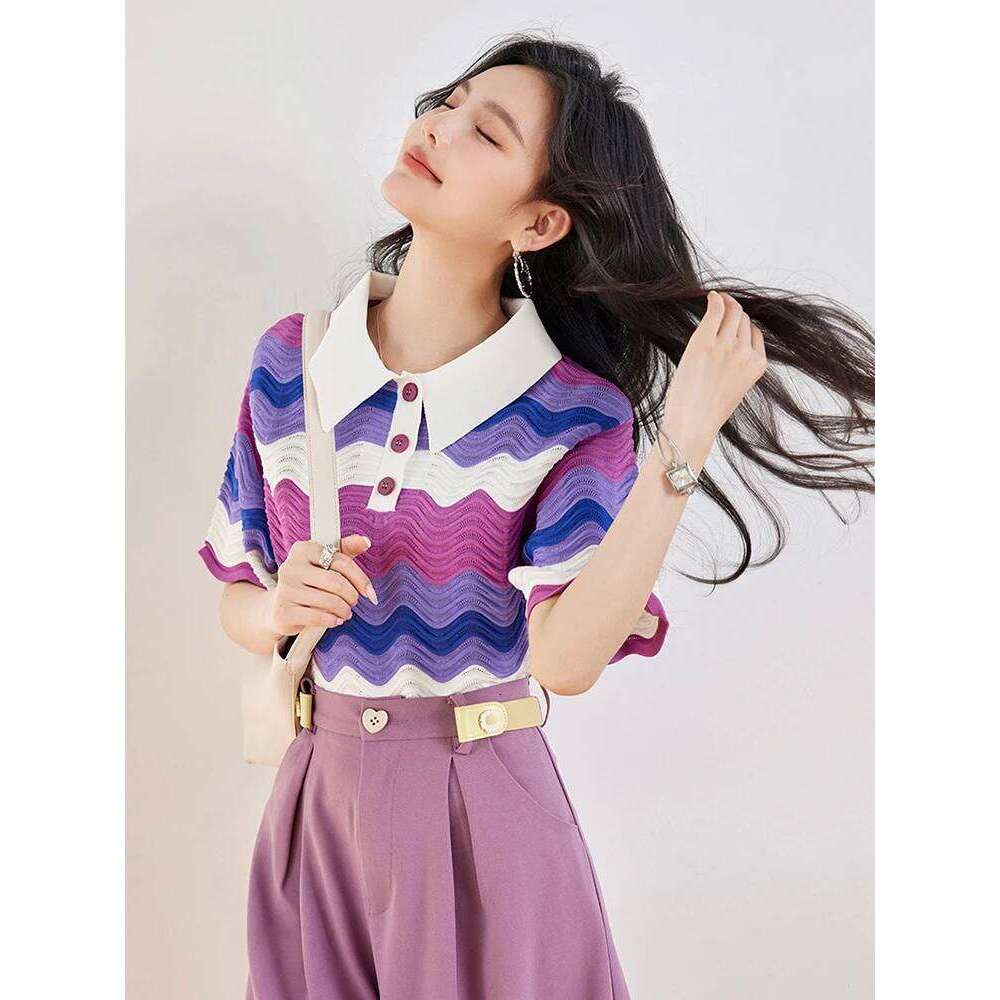 Women's Retro Contrasting Color Turn-down Collar T-shirt Summer 2024 New Casual Pullover Fashion Lazy Style Tops