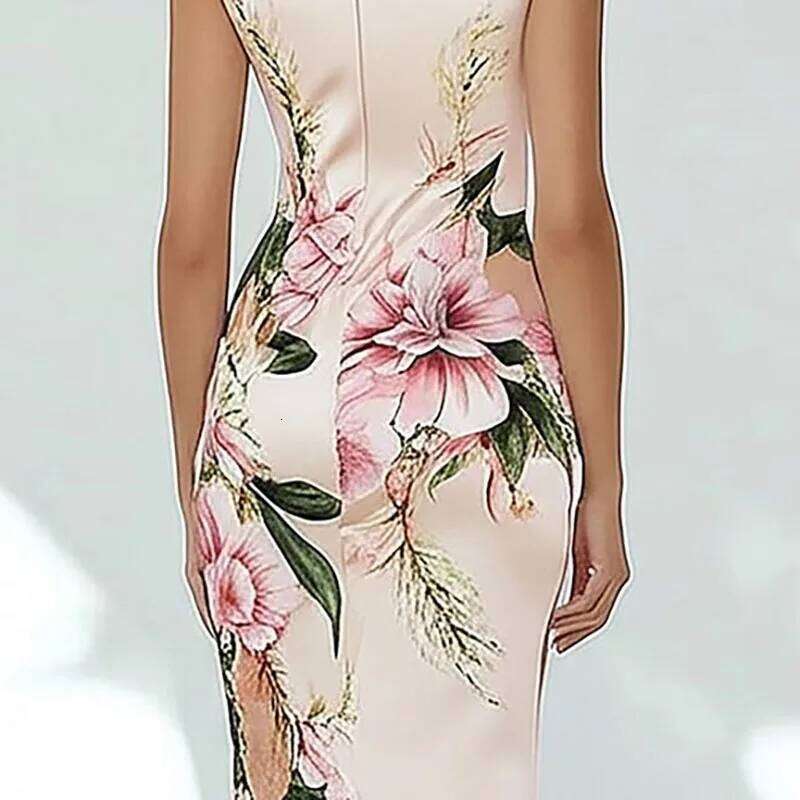 Elegant V Neck Commute Lady Dresses Retro Floral Print Slim Hip for Woman 2025 Summer Sleeveless Back Zipper Holiday Dress