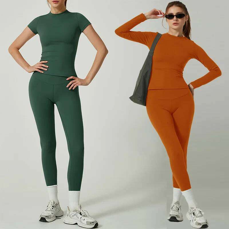 Two Piece Set Short Sleeve/Long Sleeve Fitted Top High-Waisted Leggings Active Yoga Wear Workout Clothes for Women Fiess