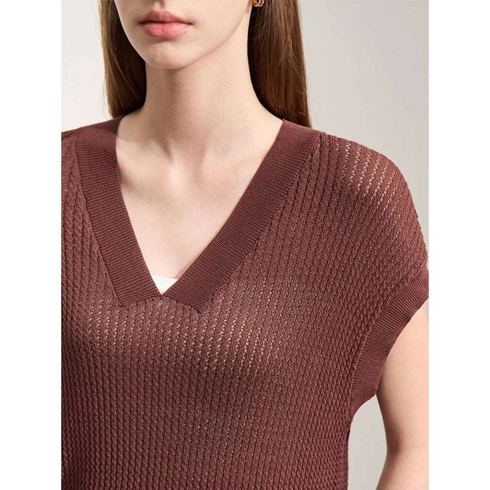 Amii Minimalism Sweater Women 2024 Summer T-shirt Knit Raglan Short Sleeve V-neck Loose Hollow Out Pullovers Tops 12422156