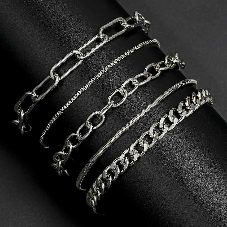 5 Pcs Fashion Simple Cuban Chain Bracelet Sets for Men Women Punk Vintage Metal Bracelet In Stock for Couples Unisex Jewelry Gifts XJ250707