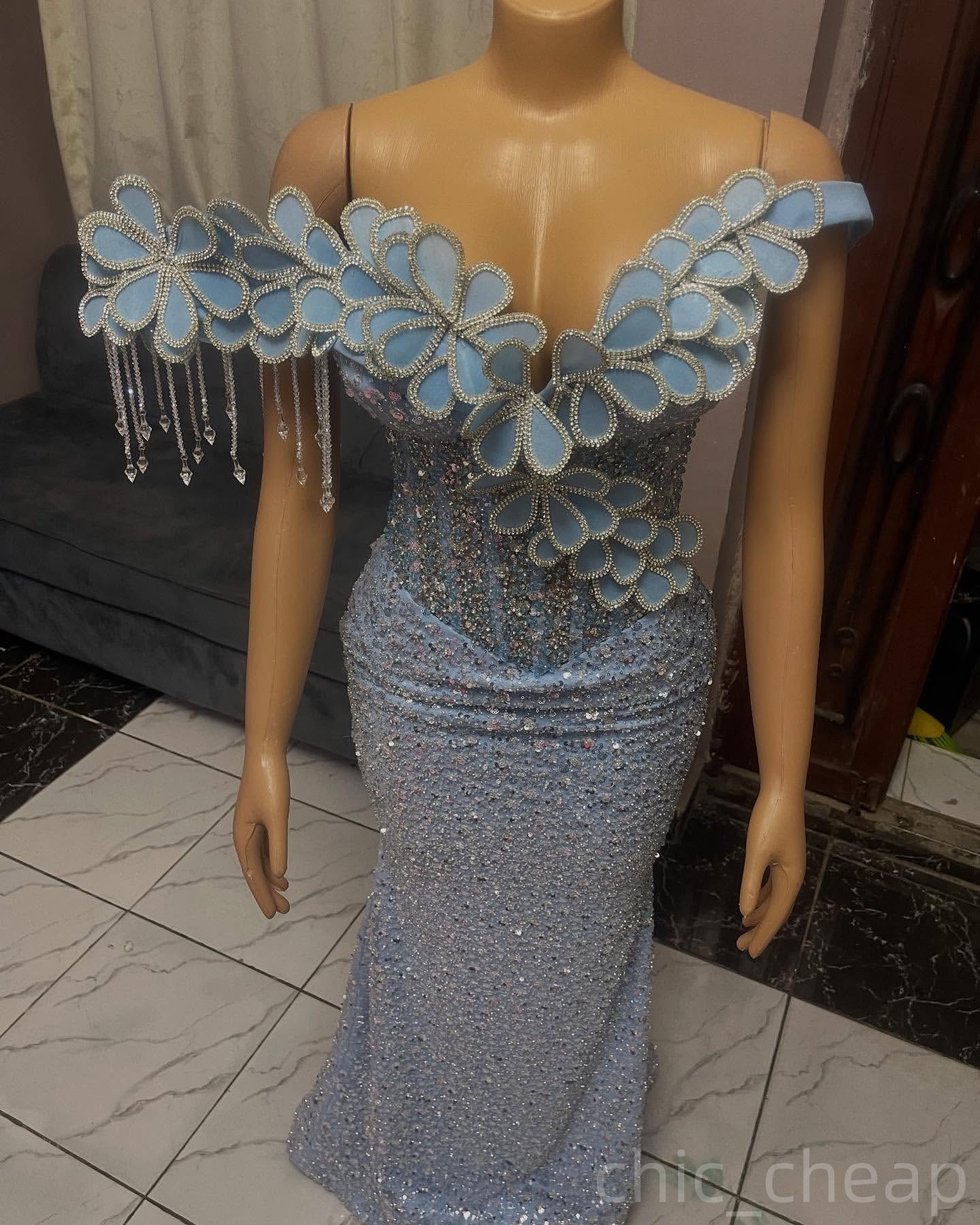 Light Sky Blue Mermaid Prom Dresses 2025 Flowers Crystals Sequined Evening Formal Party Second Birthday Engagement Gowns Plus Size Dress For Special O