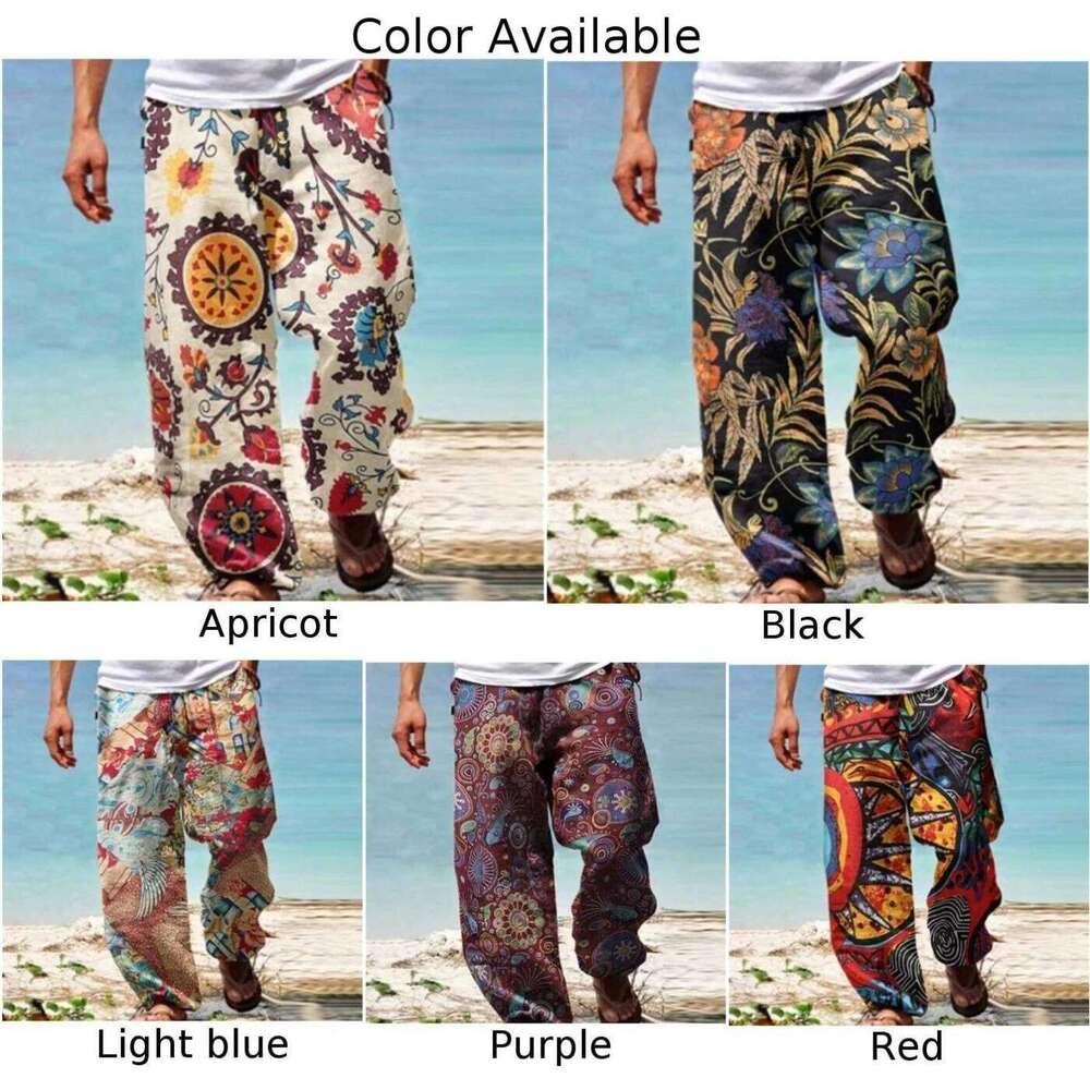Mens Casual Baggy Harem Pants Elastic Waist Beach Loose Wide Leg Hippy Trousers