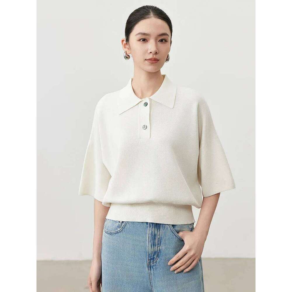 Naizaiga 58% mulberry silk 42% cotton striped POLO-collar short sleeve solid white black loose Women 2024 summer pullover JFY64