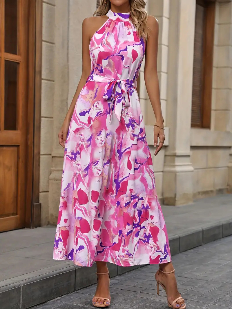 Summer style fashionable long dress with printed neckband and drawstring for ladies