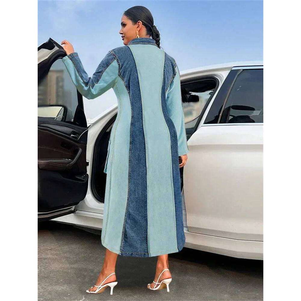 Wmstar Plus Size Denim Dresses Women Long Sleeve Casual Button Pockets Striped Maxi Dress Fall Clothes Wholesale Dropshipping