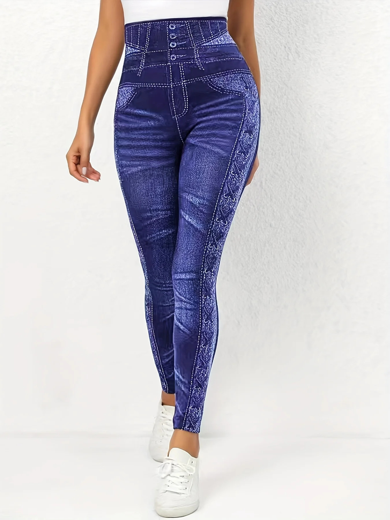 Plus Size Patchwork High Waisted Leggings Fashion Faux Denim Skinny Pants Calf Pants For Women 250609