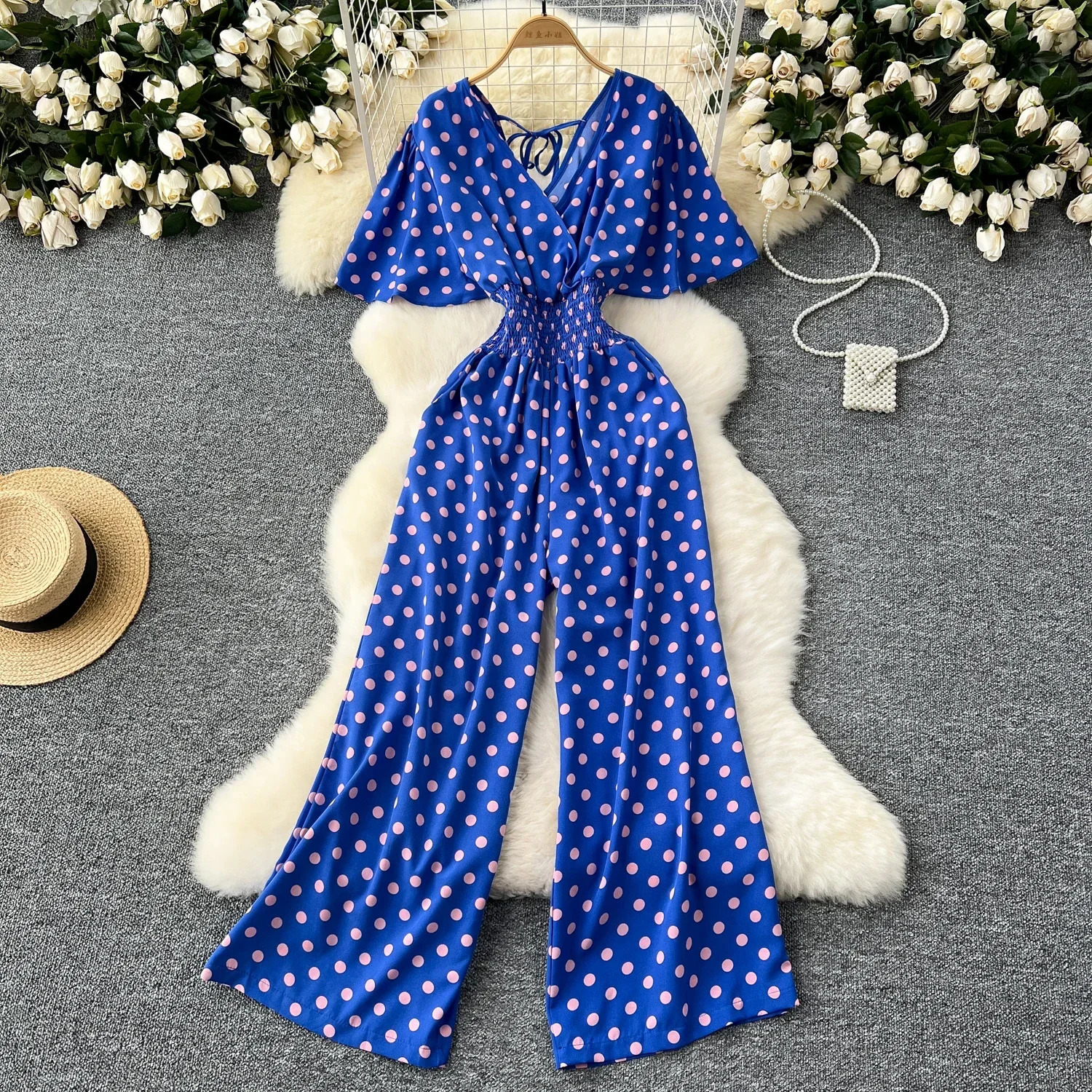 Summer Polka Dot Romper Women Elegant VNeck Short Sleeve High Waist Jumpsuit Female Loose Wide Leg Playsuits Fashion 250610