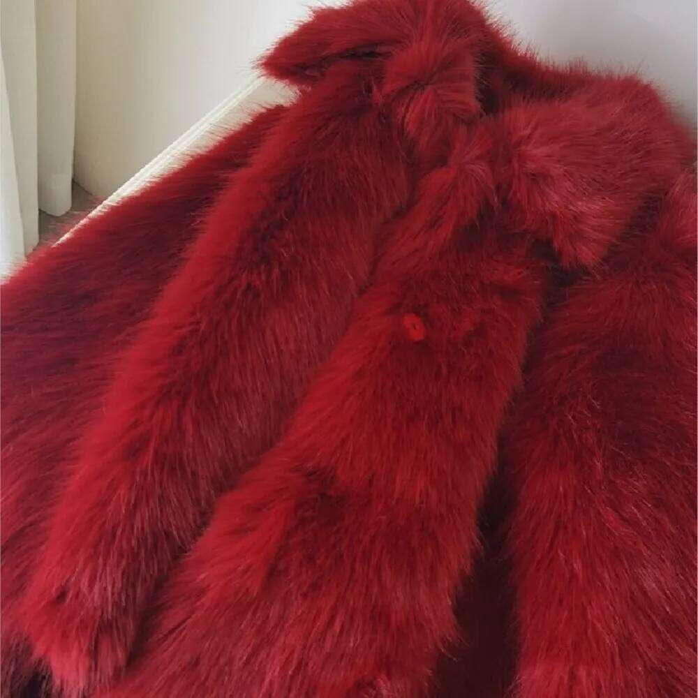 Winter Red Turn down Collar Lapel Hairy Shaggy Soft Faux Fur Coat Women Full Sleeve Furry Warm Jacket Short Outerwear