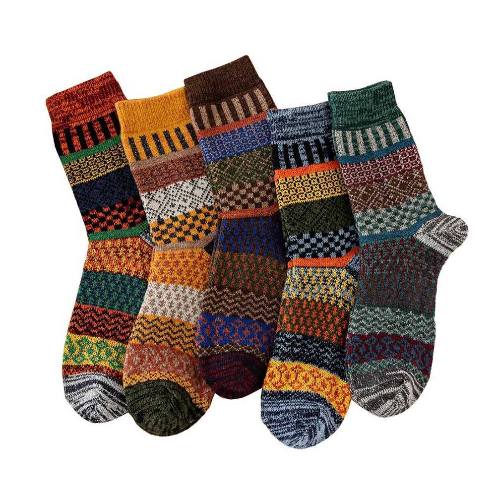 5 Pairs Winter Mens Socks Thick Warm Socks Retro Style Colorful Fashion Men Socks For Snow Boots Z250610
