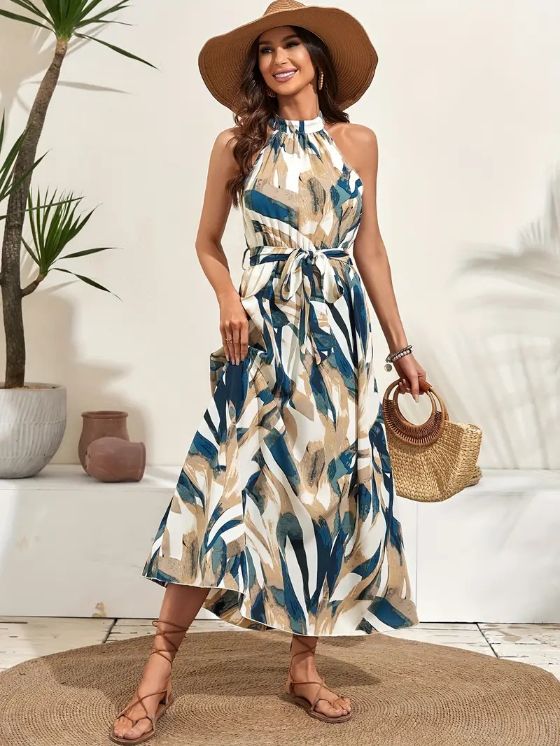 Summer style fashionable long dress with printed neckband and drawstring for ladies