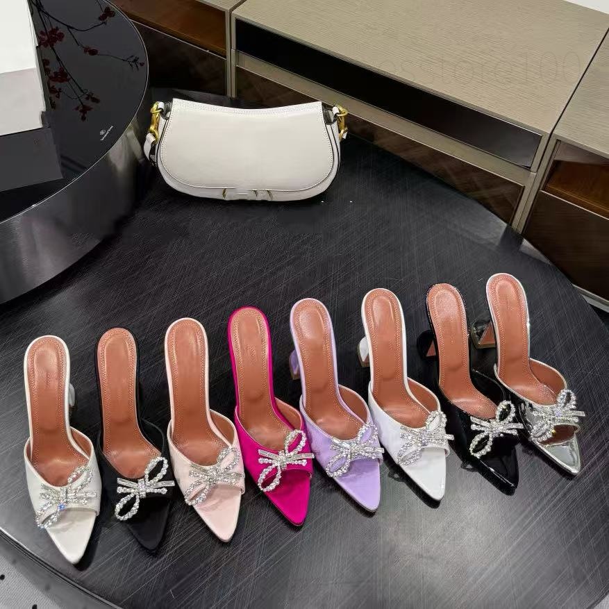 Rosie Bow Crystal-Embellished point toe Mules sandals Spool Heel Slipper spool Heels shoes women's Luxury Designer Evening Party shoe factory footwear slippers