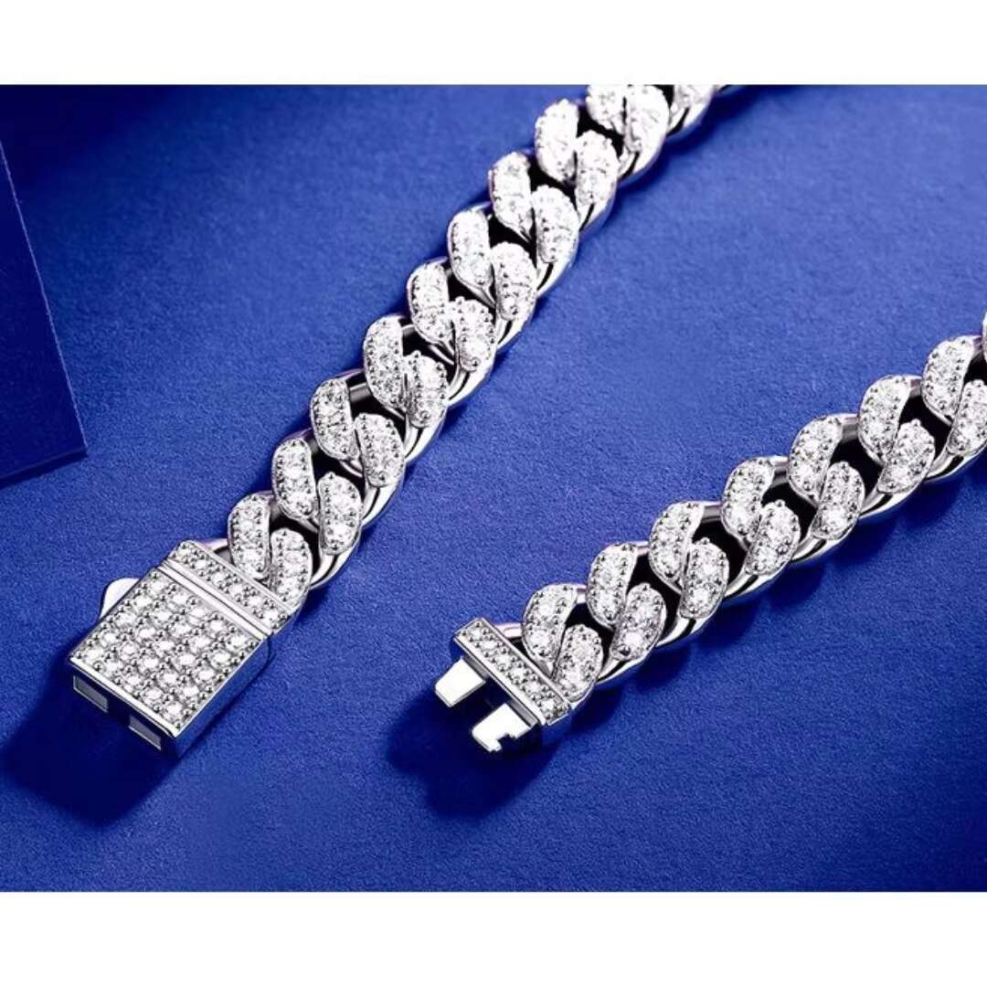 OACOCA 925 Sterling Silver Moissanite Iced Out Cuban Link Chain Necklace Bracelet for Men Women White Gold Plated VVS D Color Hip Hop