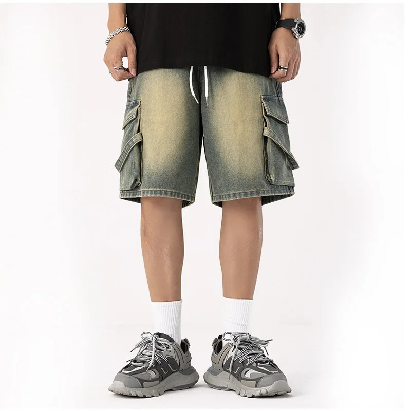 Cowboy shorts mens high-end personalized drawstring loose casual denim five quarter pants loose plus wide leg pants 250611