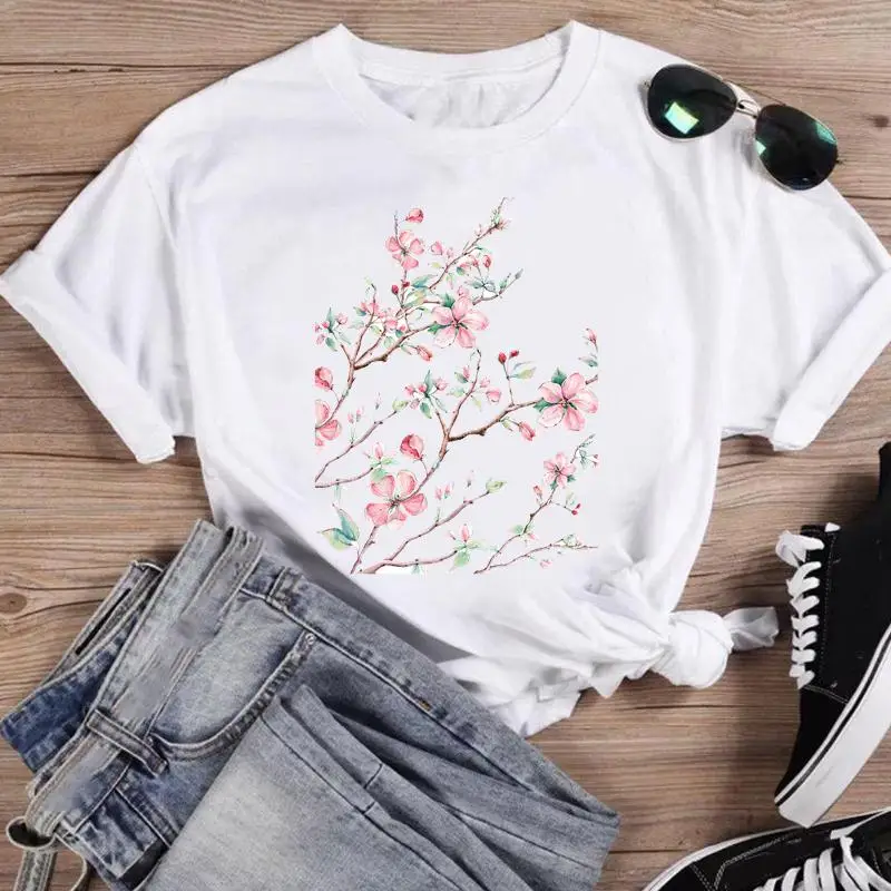 Print Fashion Watercolor Spring Flower Designer T-shirts Women Cartoon Short Sleeve Graphic Tops Summer 100% Cotton O-neck Female Clothing 2025 New