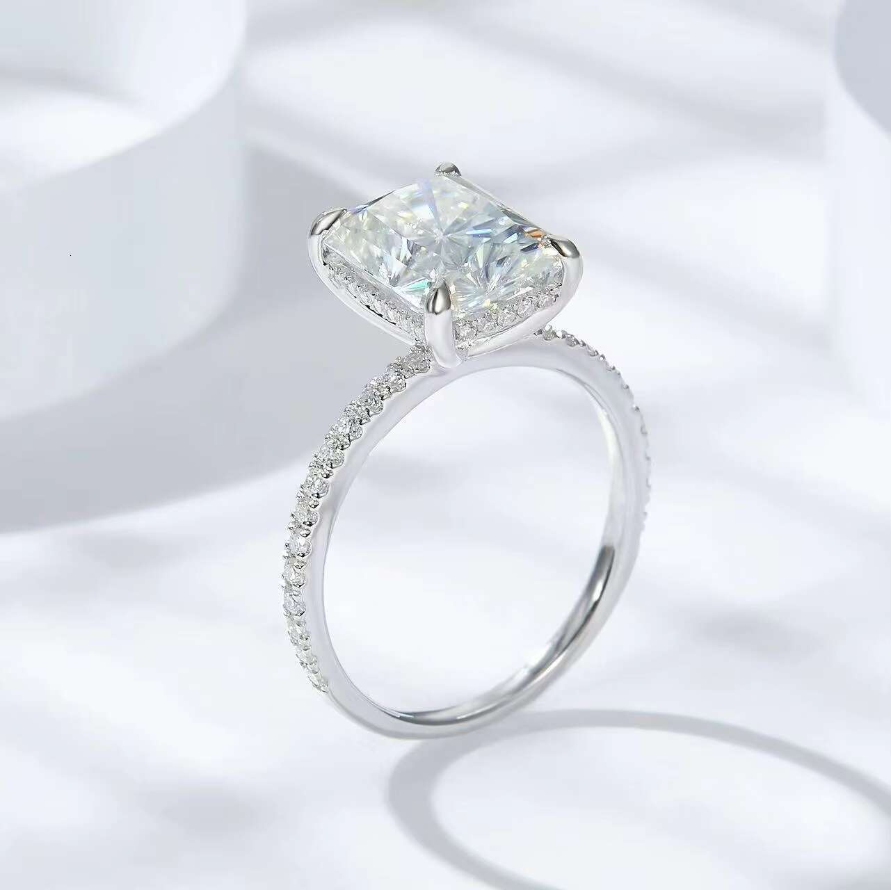 GRA Certified Radiant Cut 4CT Silver Moissanite Wedding Ring for Women Lucky Wedding Band