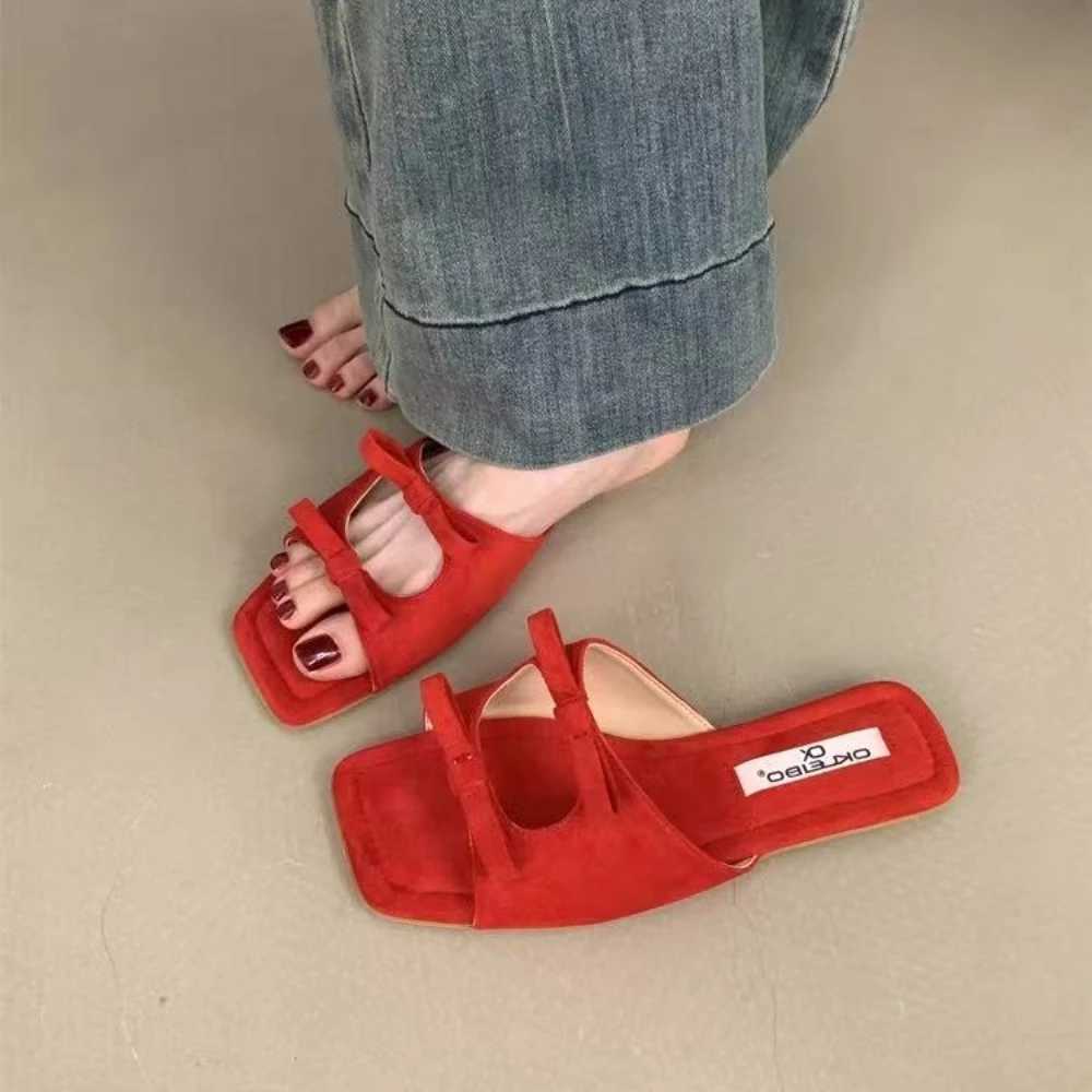 Fi Butterfly-Knot Ladies Flats Slippers Shoes Female Square Toe Summer Beach Slides Slippers Sandals Shoes For WomenXJ250610