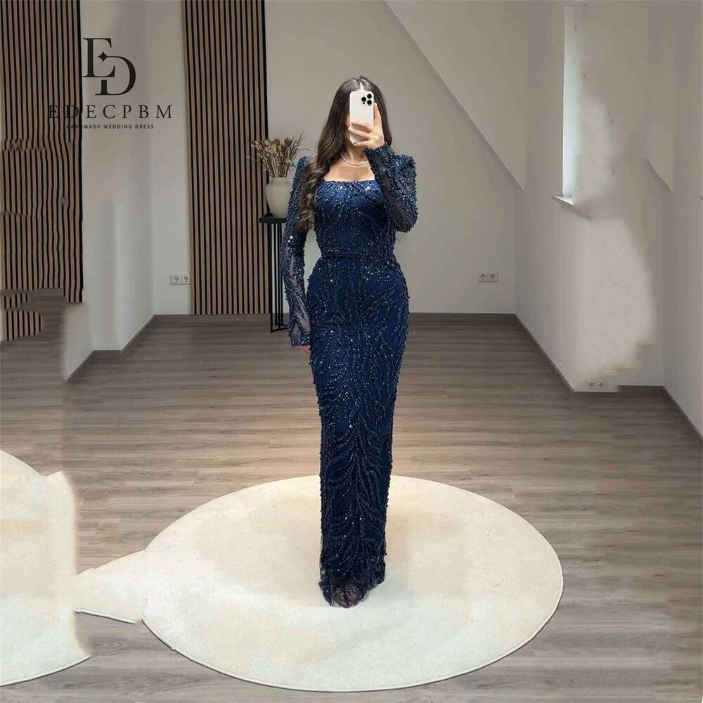 EDECPBM Elegant Dresses 2025 Lace Bead Embroidery Navy Blue Customized Women's Evening Dress Brand Mermaid