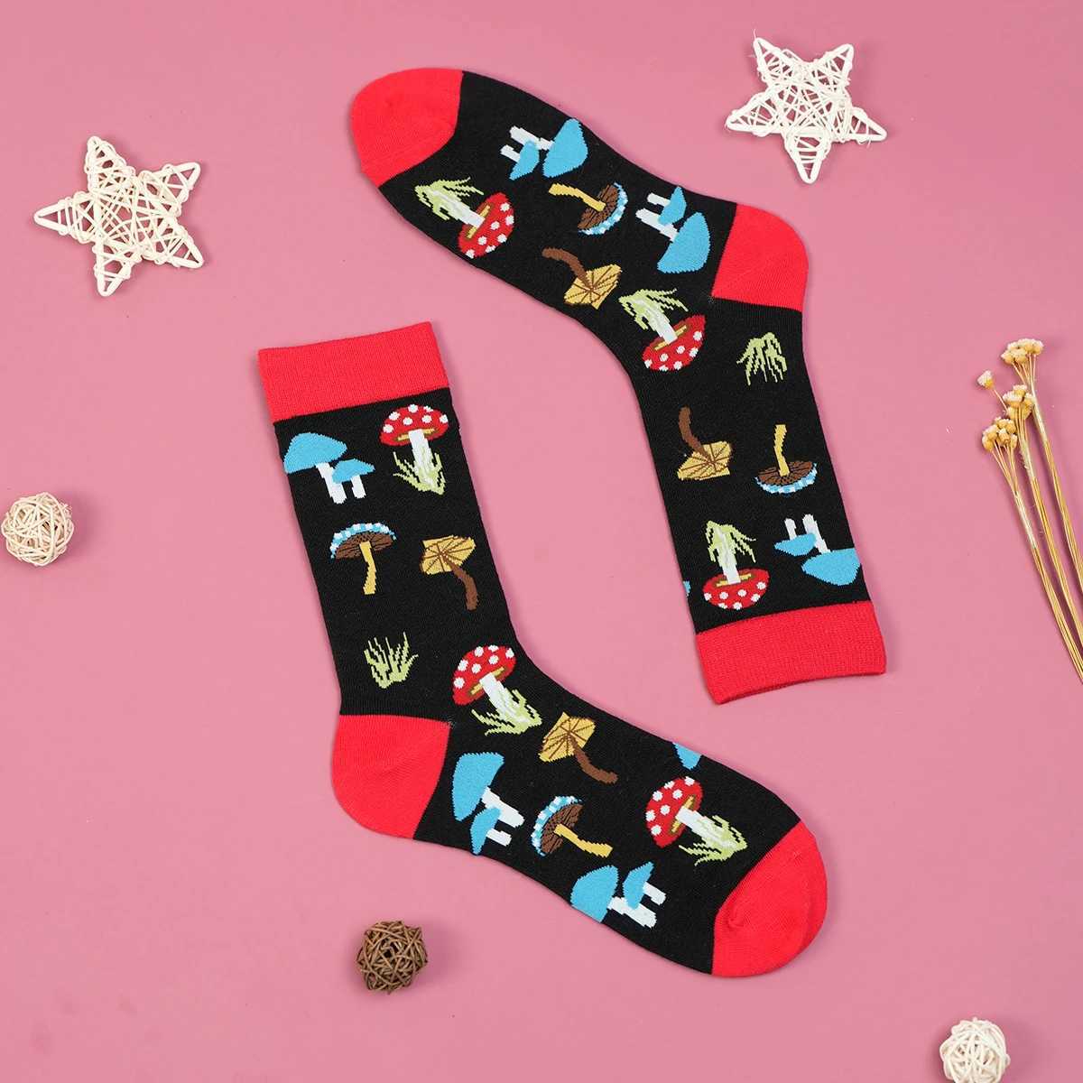 1 Pair Multicolor Mushroom Umbrella With Black Background Breathable Mens and Womens Mid-calf Socks Suitable For All Seasons Z250610