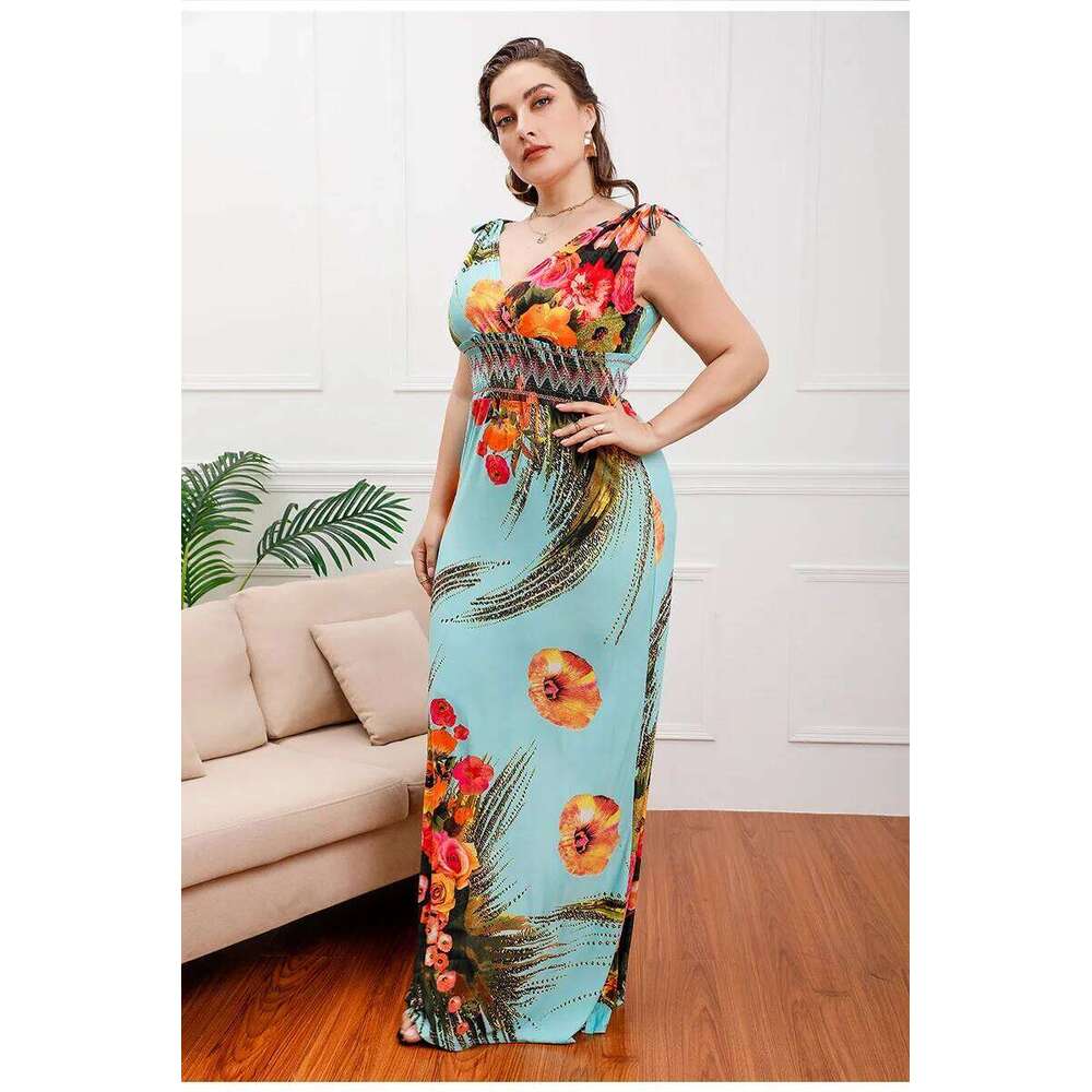 2025 Sexy Sleeveless Plus Size Women For Summer Flower Print V-neck Long Ladies Elegant Large Backless Holiday Dress