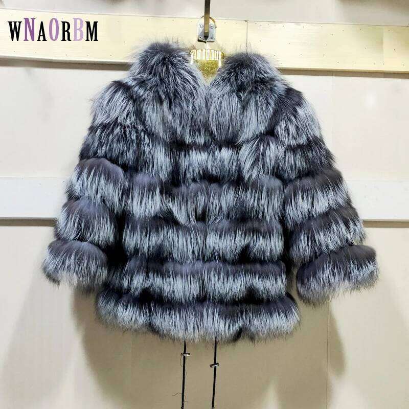 Genuine Real Natural Raccoon Sier Fox Fur Hoodie Jacket Winter Warm Women's Clothing Length 60 Cm
