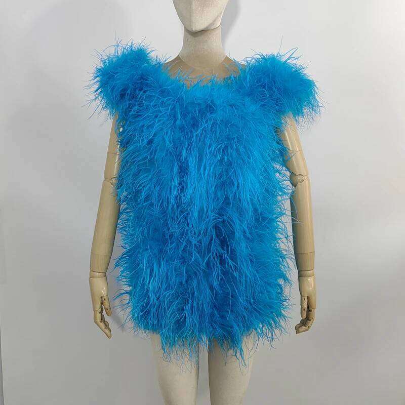 Sexy 100% Natural Hair Short Sleeves Women's Coat Low Chest Off Shoulder Dress Real Ostrich Fur Mini Skirt