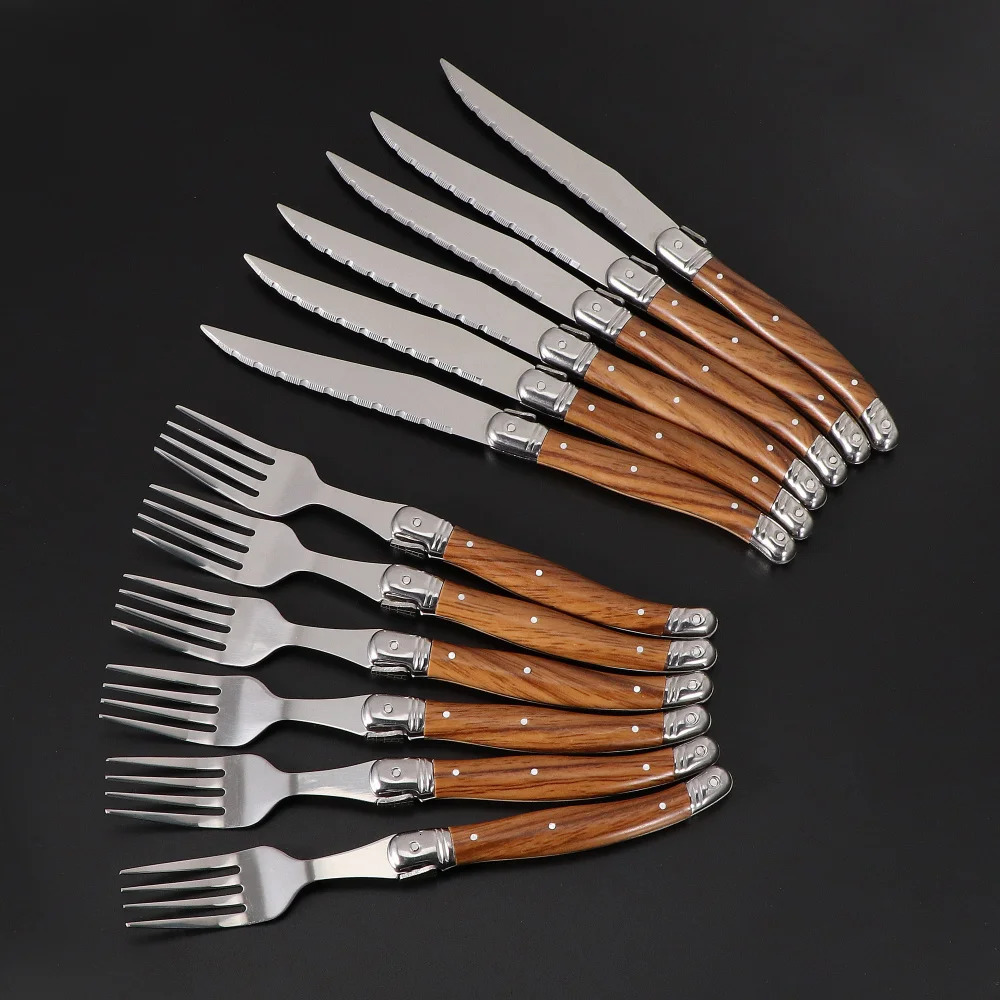 Jaswehome 6Piece Wood Grain Handle Steak Knife Fork Collection Western Food Knife and Fork Set Stainless Steel Cutlery Utensils 250610